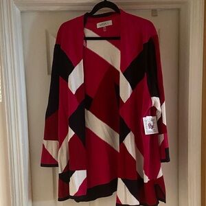 Red Black White Open Front Cardigan